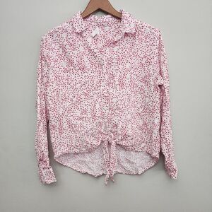 Beach Lunch Lounge Button Tie Top Shirt Size Small White with Red Pink Hearts‎